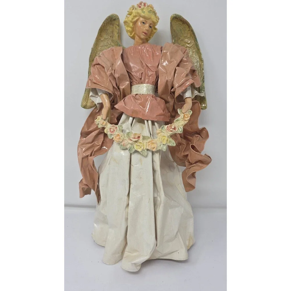 Amlings Angel Paper Mache  Christmas Tree Topper Figurine with‎ Wreath and Wings